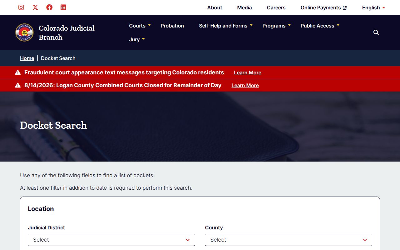 Clear Creek County warrant-related court docket search interface