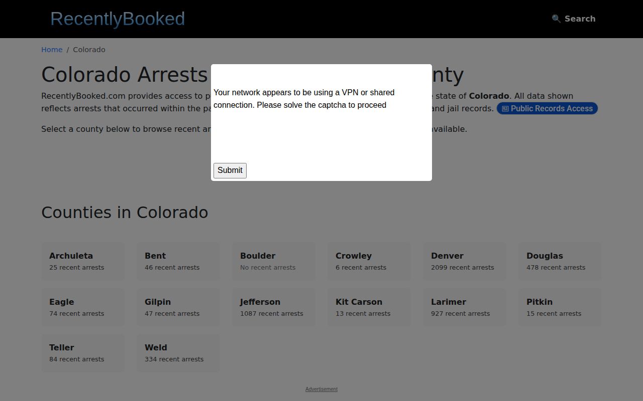 Unofficial Colorado booking index showing no Clear Creek County section