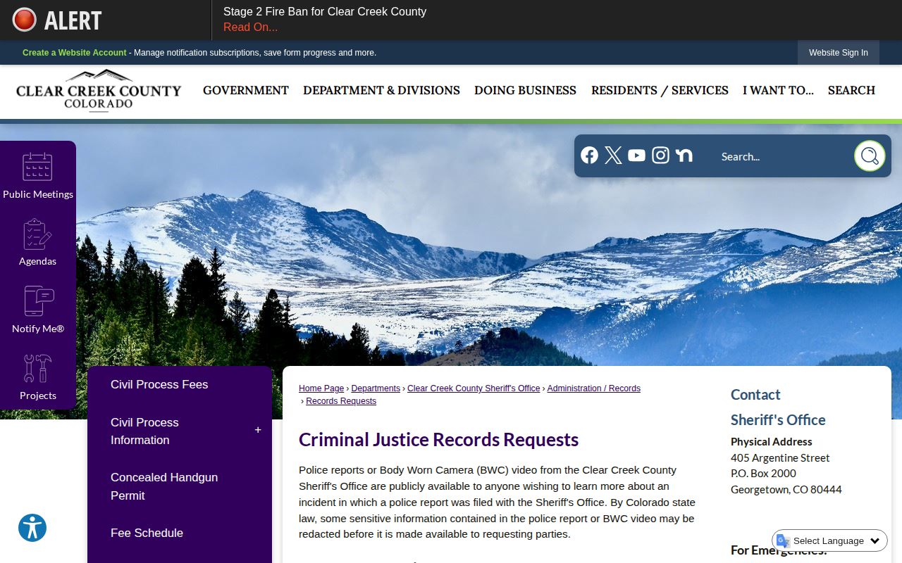 Georgetown Clear Creek County Sheriff arrest records request route
